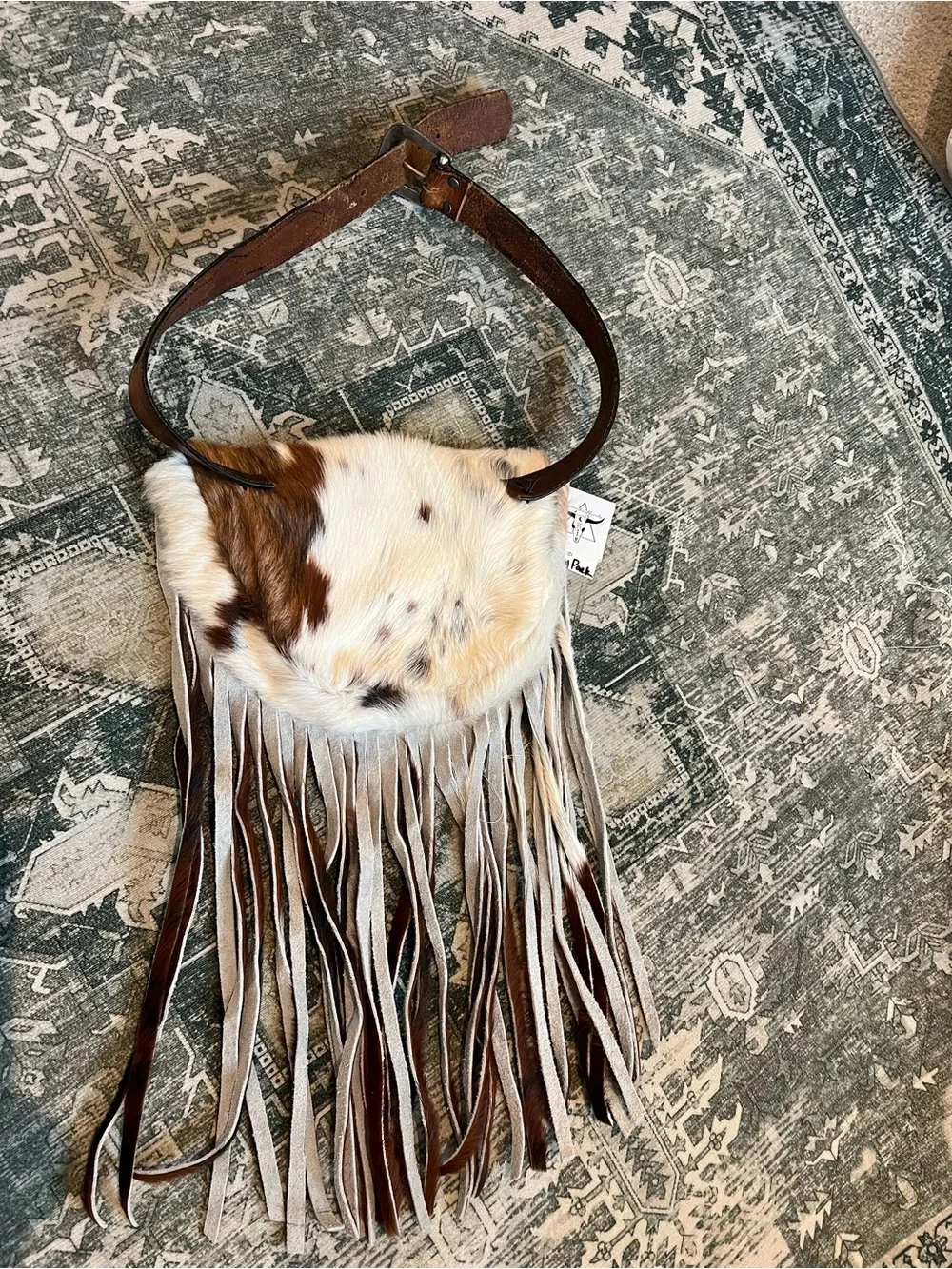 Fringed Cowhide Crossbody Bag in Brown and White